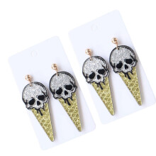 2-Pair Halloween Dangle Earrings with Skull Ice Cream Cone Drops, Silver-Tone Skulls, Yellow-Gold Cones, Gold-Tone Stud Tops and Black Outlines
