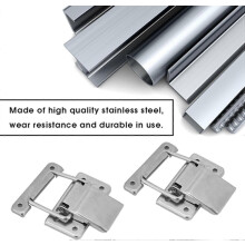 Two-pack of small, spring-loaded latches, made of stainless steel, suitable for cabinets, wooden crates, and drawers.