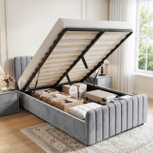 (Light Grey, 3ft Single) Brushed Velvet Gas Lift Ottoman Bedframe