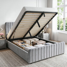 (Light Grey, 5ft King Size) Brushed Velvet Gas Lift Ottoman Bedframe