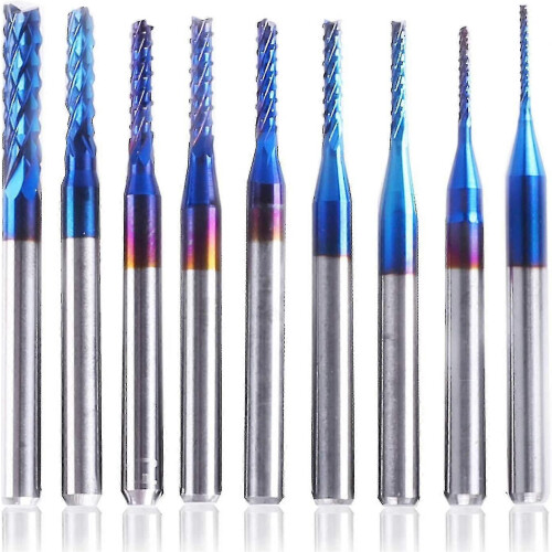 10pc Nano Blue Coated CNC End Mill Router Bit Set 1/8 Inch Shank