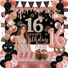16th Birthday Decorations Black Rose Gold Party Decor Set for Girls