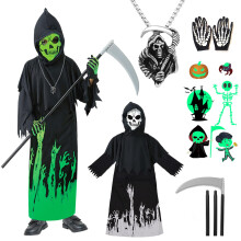 Grim Reaper Costume Kids Boys 4-12 Glow In The Dark Halloween Costumes for Kids Boys Girls Skeleton Mask & Skeleton Gloves Death Ghost Face Costumes