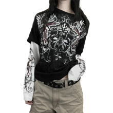 Women Y2k Gothic Fake Two-Piece T-Shirts Vintage Grunge Skull Print Long Sleeve Sweatshirts Punk Blouses Harajuku Streetwear