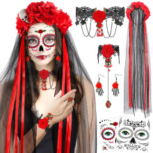 HOWAF Day Of The Dead Headband Veil Rose Floral Crown Mexican Headband
