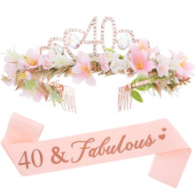 Birthday Flower Crown and Sash Set - Rose Floral Crystal Headband with Fabulous Sash Headdress for Women Happy Birthday Party Accessories Gift
