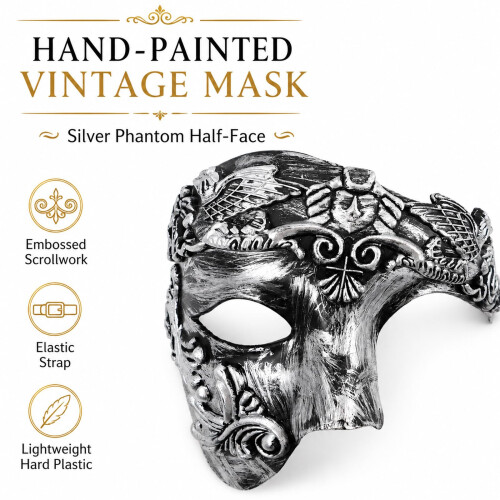 Vintage Venetian Masquerade Mask, Hand-Painted Phantom Half-Face, Black 1