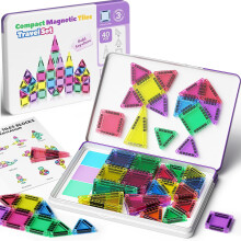 40PCS Mini Magnetic Tiles Travel Set with Metal Tin - Building Base & Storage, Portable Travel Toys for Kids Road Trip Aeroplane