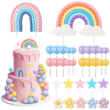 32 Pcs Rainbow Cake Topper with Flower Star Cupcake Toppers Pastel Balls Cake Topper, Boho Groovy Cake Decorations for Birthday Wedding Party