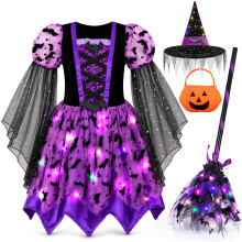 WIKITOT Witch Costume Kids, Light up Halloween Costumes for Girls Aged 3-10