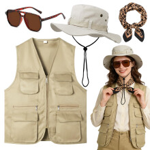 4Pcs Safari Costume Set for Women, Zoo Keeper Costume Accessory with Vest Explorer Hat Scarf Sunglasses for Outdoor Adventures Carnivals Theme