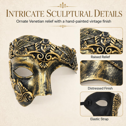 Vintage Venetian Masquerade Mask, Hand-Painted Phantom Half-Face, Black 1