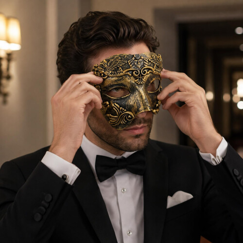 Vintage Venetian Masquerade Mask, Hand-Painted Phantom Half-Face, Black 2