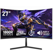 Gawfolk Computer Screen 27" 1800R Curved Monitors for 250Hz FHD 1080p 1ms Freesync 98% sRGB Built-in Speaker HDMI2.0 DisplayPort Support 100X