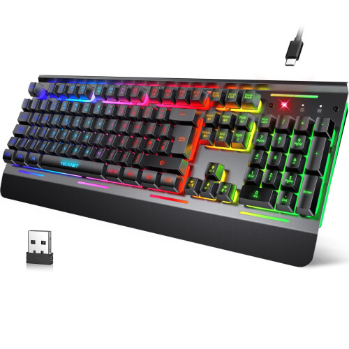 TeckNet TECKNET Wireless Gaming Keyboard, 2.4G & Wired, RGB Backlit, Black