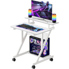 Dripex Computer Desk with Monitor Shelf, Mobile Z-Shaped Desk with Wheels