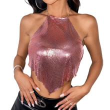 (RoseGold,S)Crop top donna paillettes metallizzate per donna con collo a reggiseno streetwear estivo