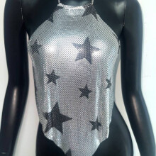 (StarSilver,M)Crop top donna paillettes metallizzate per donna con collo a reggiseno streetwear estivo