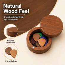 Guitar Pick Holder Set with 2 Wood Picks + 8 Celluloid Picks, Rotating Magnetic Lid Guitar Pick Case Wooden