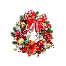 Weihnachtskranz mit Roten Beeren, Christbaumkugeln und Karierter Schleife zum Aufhängen An der Tür - Weihnachtsdekoration