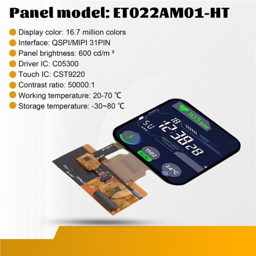 Tela OLED Colorida Quadrada de 2,2 Polegadas (480x480) com Interfaces Duplas QSPI/MIPI e Tela Sensível Ao Toque Capacitiva para Instrumentação 2