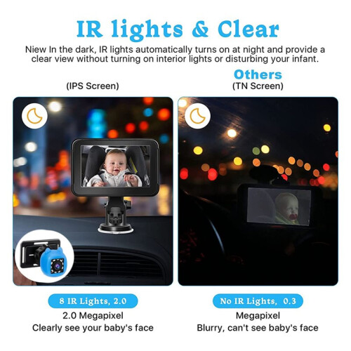 Monitor de Espelho Retrovisor de Carro de 4,3 Polegadas com Câmera HD 1080P, Tela IPS e Função de Visão Noturna para Bebês e Crianças 1
