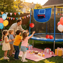 Trampolin-Basketballkorb mit Pumpe und 3 Bällen, Trampolin-Basketballaufsatz für Drinnen und Draußen, Blau
