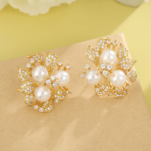 (Style C) Geometric Copper Luxe Zircon Pearl Earrings With Gold Ear Accessories Pin Women