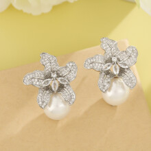(Style F) Geometric Copper Luxe Zircon Pearl Earrings With Gold Ear Accessories Pin Women
