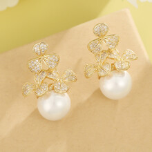 (Style E) Geometric Copper Luxe Zircon Pearl Earrings With Gold Ear Accessories Pin Women