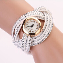 (White) New Fashion Women Crystal Multilayer Leather Bracelet Quartz Watch Wrist Analog