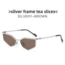 (Silver Brown)Occhiali da sole poligono in metallo con protezione Uv400 per casual e stili streetwear