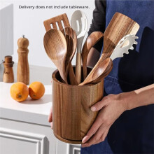 360 Degree Rotating Wood Kitchen Utensil Holder, Farmhouse Style Cylindrical Countertop Cutlery Storage Organizer Rac