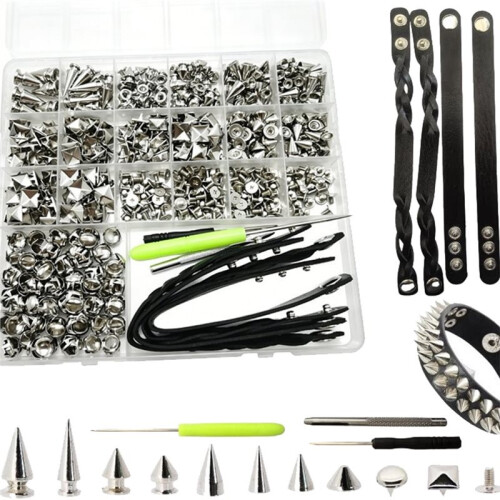 559Pcs Spikes and Studs Kit Cone Spikes with Tools Leather Straps Storage Box for DIY Handmade Decorations