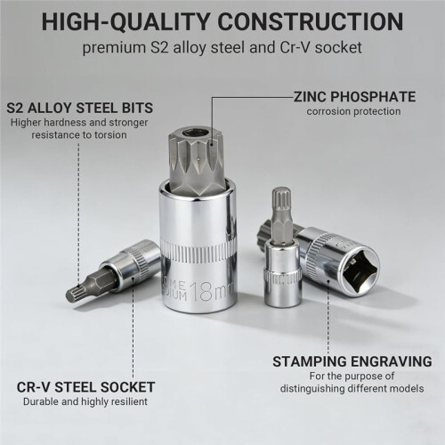 Triple Square Spline Bit Socket Set Premium Alloy Spline Socket Bit Set ,Drive M4-M18 and Cr-V Sockets for Professionals 2