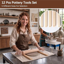 12 Pcs Pottery Tools Kit for Clay Pottery Rolling Pin Guide 10 Pcs 5 Size Rolling Pin Guide, Linen Tablecloth Mat