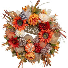 17.7 Inch Fall Wreaths for Front Door, Rustic Autumn Wreath with Hello Sign Handmade Fall Door Wreath with Sunflowers