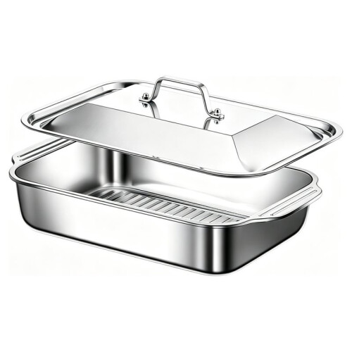 Dish Stainless Steel Baking Pan with Lid - Oven Safe Roasting Pan for Grilling & Everyday Cooking B
