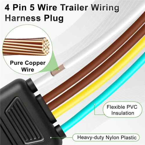 Conector de Chicote Elétrico para Reboque de 4 Pinos e 5 Fios (Pacote com 2), Plugue de Luz de Reboque de Cobre Puro 16 AWG de 25 Polegadas com Tampa 1