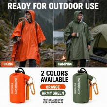 2pcs Emergency Bag Raincoat + Bag + Whistle+Carabiner Compact Emergency Blanket for Camping Hiking Survival Orange