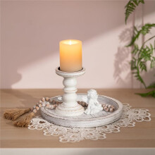 Rustic Wooden Tray Candle Holder, Round, Distressed White Wood Decorative Pillar Candle Tray, for Coffee Table M