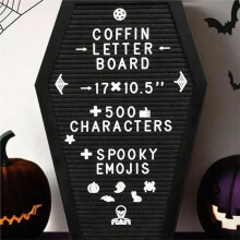 Tablero de Letras con Forma Ataúd, Decoración Gótica Negra con Pegatinas Murciélagos y Emojis Espeluznantes, Tablero de Madera y Fieltro 17x10.5