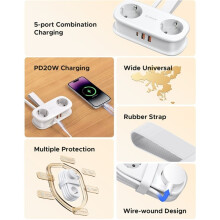 ORICO Verlengsnoer met Stopcontact PD 20W Stekkerdoos 2 Stopcontacten 2 USB-Poorten 1 USB-C Snelladen Compact Draagbaar voor op Reis EU-Stekker Zwart
