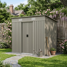 7.8 x 4.29FT Grey Aluminium Color Pent Roof Metal Garden Shed, Lockable Sliding Doors, Vents & Foundation