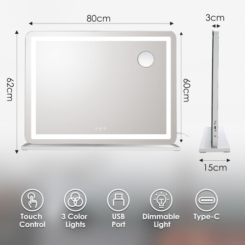 60x80cm LED Makeup Mirror with Light, USB, Type-C 1