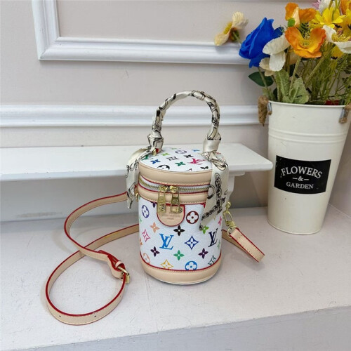 (White) Vintage printed cylindrical bucket bag