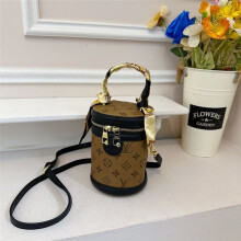 (Dark brown, 13*11.5*17.5) Retro printed cylindrical bucket bag