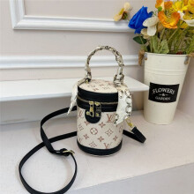 (Off-white, 13*11.5*17.5) Retro printed cylindrical bucket bag