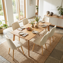 (Cream, Set of 6) Chenille Dining Chairs with Wooden Legs - GOEURVANT