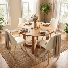 (Cream, Set of 4) Chenille Dining Chairs with Wooden Legs - GOEURVANT